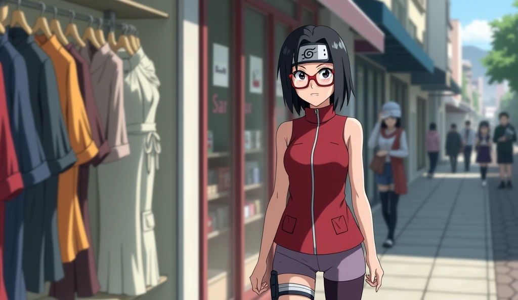 Sarada, a female character in the Boruto anime, is walking and then looks sideways at a clothing store (Sarada is depicted as a character who has black irises, short neck-length hair with a side-parted hairstyle and bangs that are set aside, wearing rectangular red glasses, wearing a Konoha village symbol headband, wearing a red outfit with a collar that covers the neck and a zipper in the middle of her shirt from top to bottom that are sleeveless, wearing lilac shorts above the knee, with dark purple stockings to the knees, and wearing black ninja shoes)