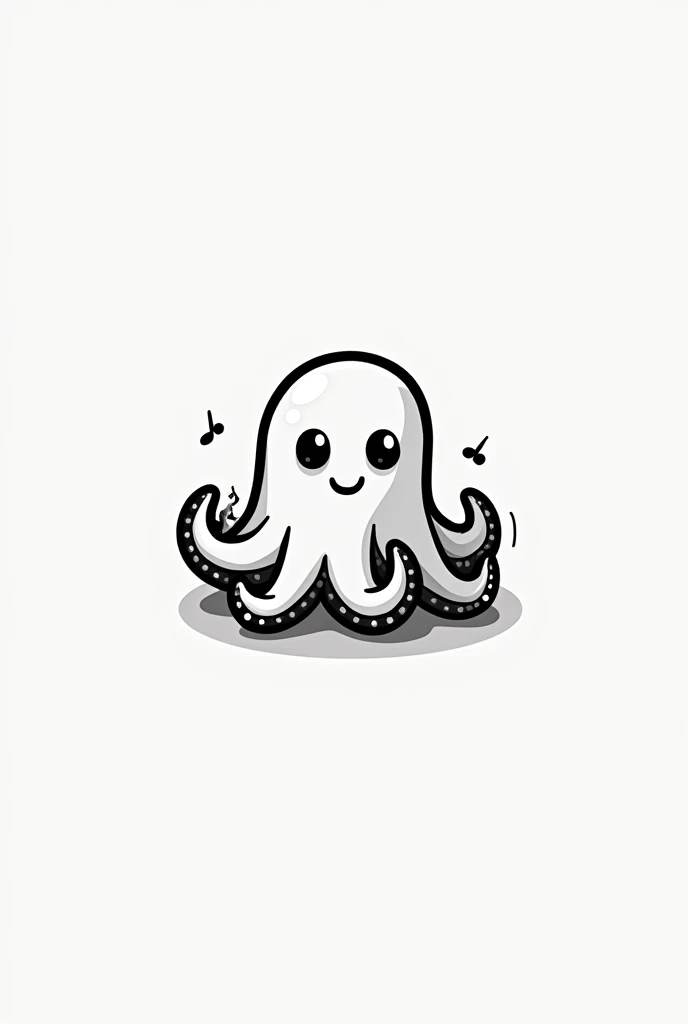 Logo video game company, an octopus wearing a bedsheet pretending to be a ghost, flat icon, black and white