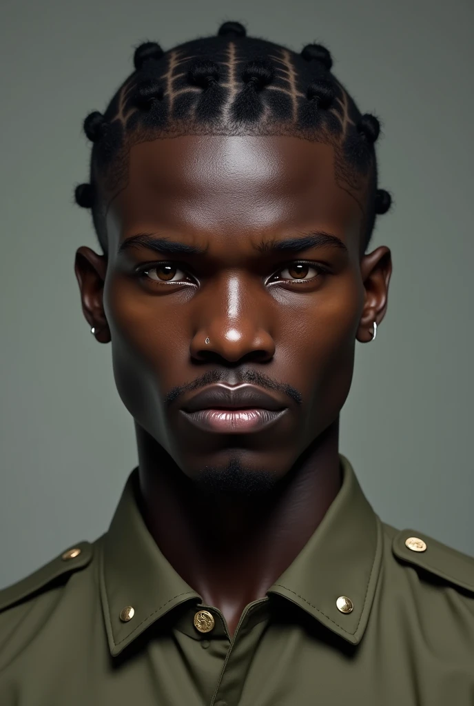 Create a young dark-skinned man, with dark skin, serious and intimidating. He is athletic, He has high cheekbones and wears a military shirt.. Her hair is braided.. Her eyes are hazel in color. (Make it look realistic)