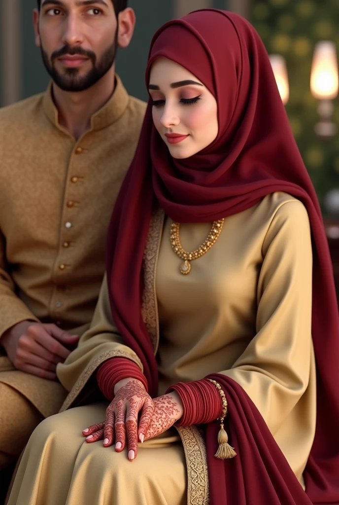 muslim Bride in light GOLDEN sharee with MAROON hijab and MAROON veil. No skin other than face and hair will be visible. her hand stained with henna and red bangles, red rose band on both hands. her groom standing with her in golden panjabi. over the panjabi, he will wear a maroon waist coat. he won't have any hat or cap on his head . He will be clean shaved, no beard. sitting for nikah.