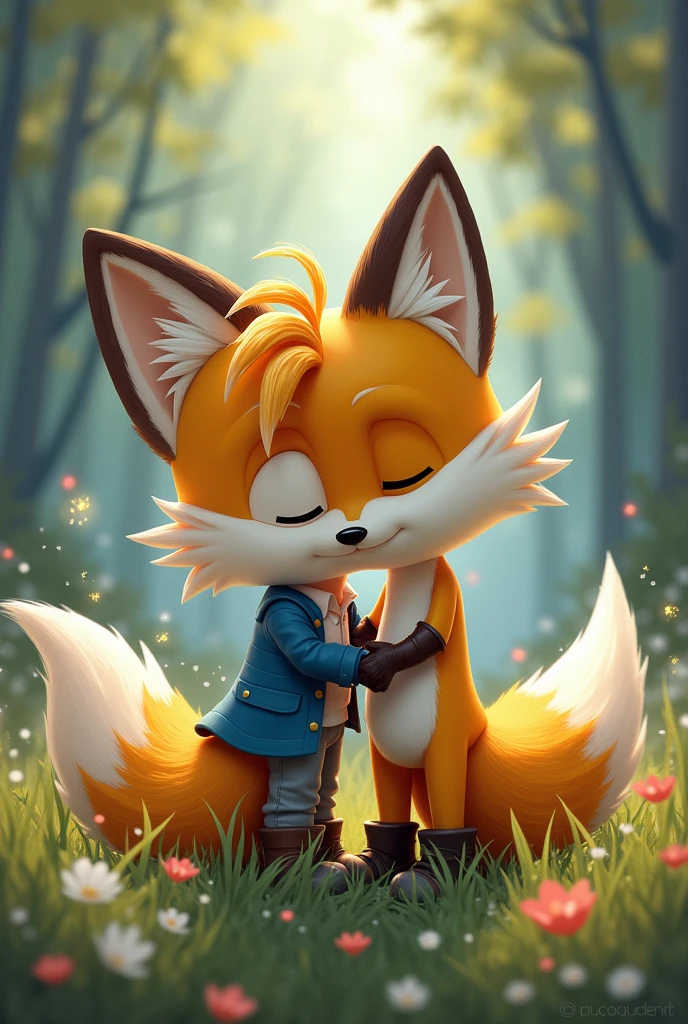 Tails the fox kissing a boy