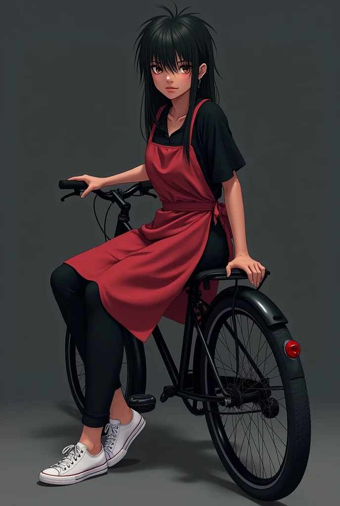 "An anime style girl, about 20 years old, with dark skin and a somewhat robust complexion, having masculine features. Her hair is long, Black and messy, with brown pupils and noticeable dark circles. He wears a black shirt, a red apron, black pants and white tennis shoes. On a black bike posing for a photo."