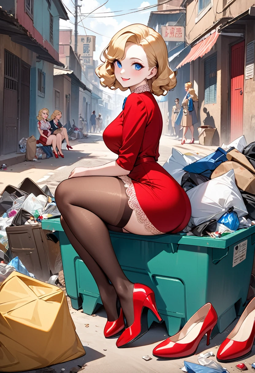 masterpiece,full body, small size head, Stunning elegant Blonde lady, 1940s hairstyle,pale skin, blue eyes, stunning, smile face, Brown stockings, she wear lace red dress, red stilettos , jewels,thick calves, super thick legs , super big ass. She is sitting on garbage crossing her legs in poor african Town that there are a Lot of garbage.