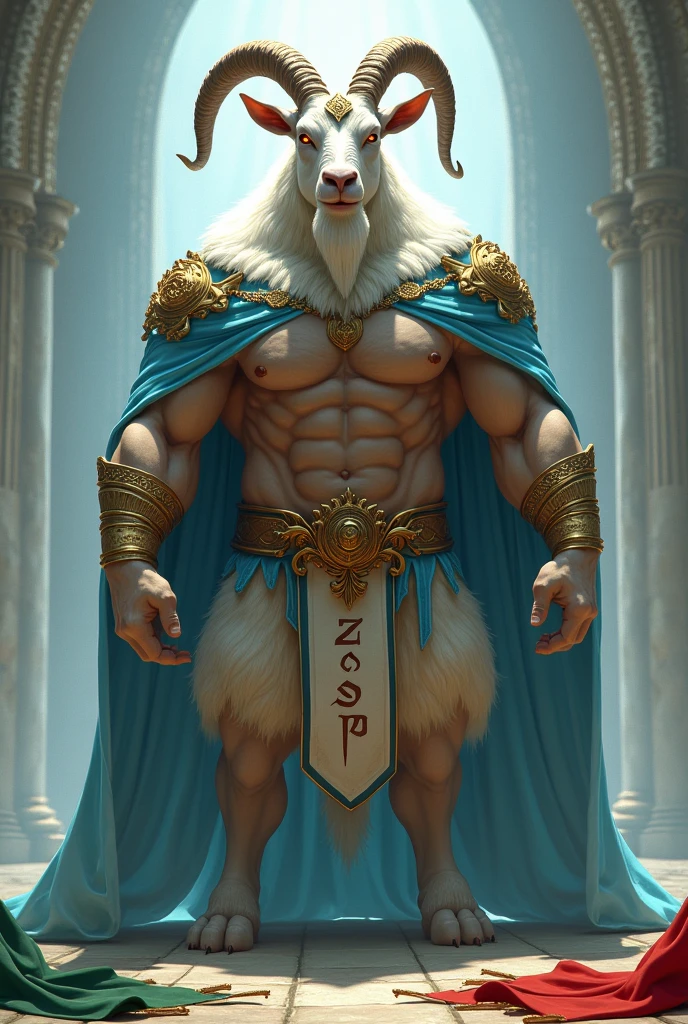 Create an image for me of a goat all muscled up in the clothes of a god wearing a light blue cape with two pennants lying on the floor, one red and one green, and on the goat's chest that says LX SUP