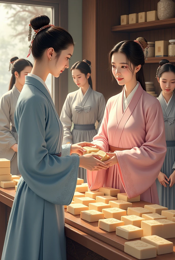 In ancient China, during the Tang Dynasty, two young women dressed in Hanfu, an elder sister in a blue dress and a younger sister in a pink dress, were helping to arrange soap bars on shelves in a shop hall. The atmosphere of the two sisters standing and arranging soaps, while three maidservants in gray dresses and white coats outside stood nearby to help.