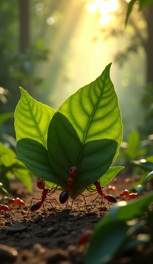 Ultrarealistic 8k Image, "A group of ants carrying giant leaves in a rainforest, showing teamwork and persistence. The image conveys the idea that continuous effort, even in small actions, leads to great results."