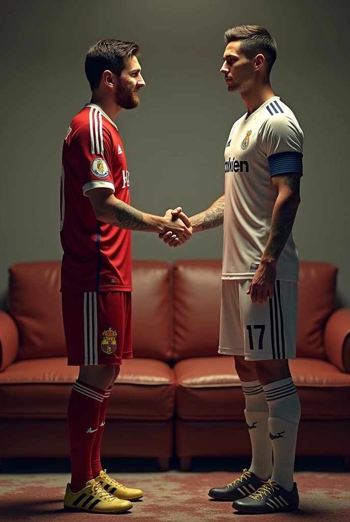 Create an image of Messi and Cristiano Ronaldo shaking hands on the couch