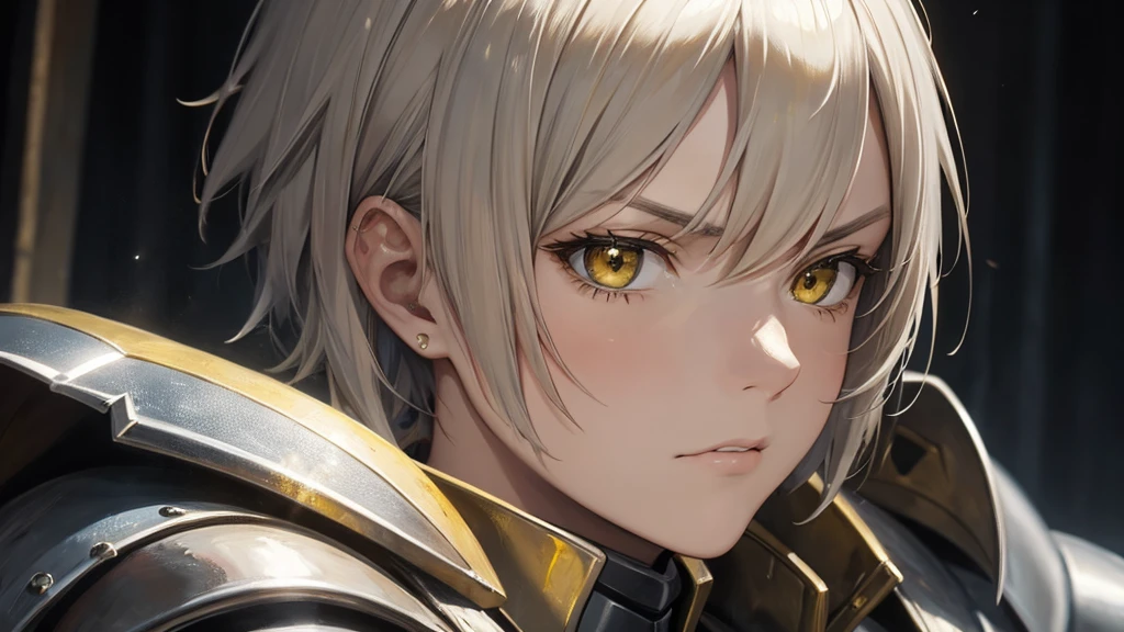 oil painting look, Jeanne d'Arc, yellow short hair, silver armour, face closeup, angry