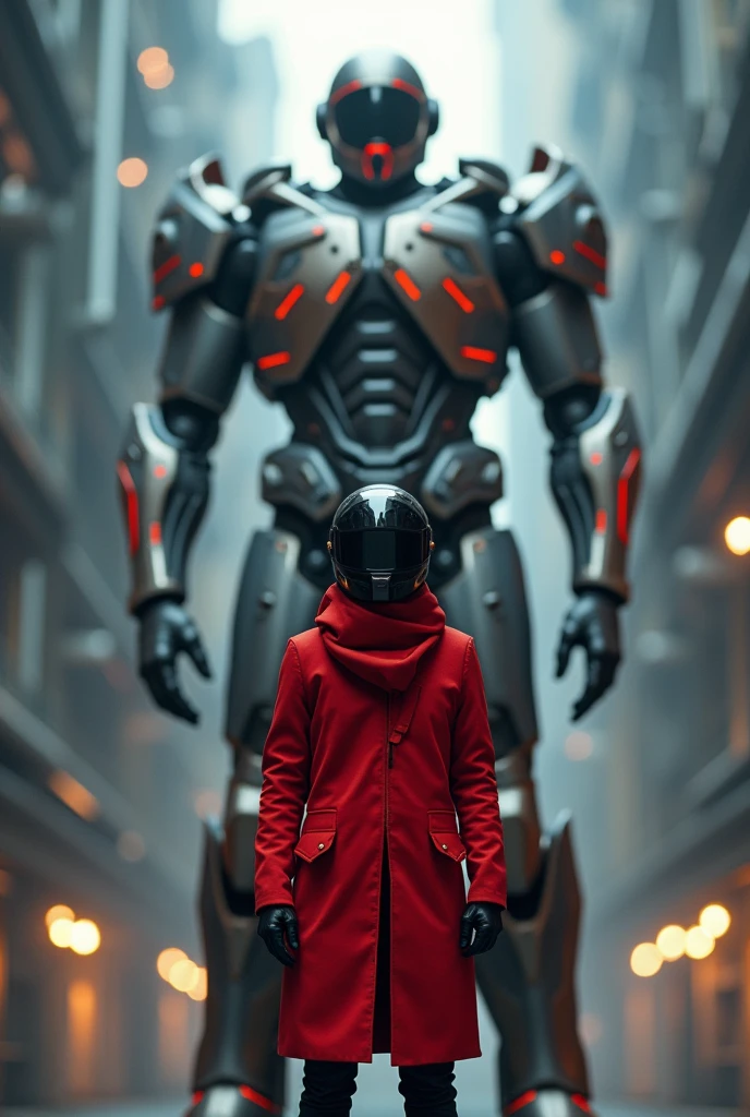 Creates a guy wearing a red coat and motorcycle helmet looking at a technological armor 