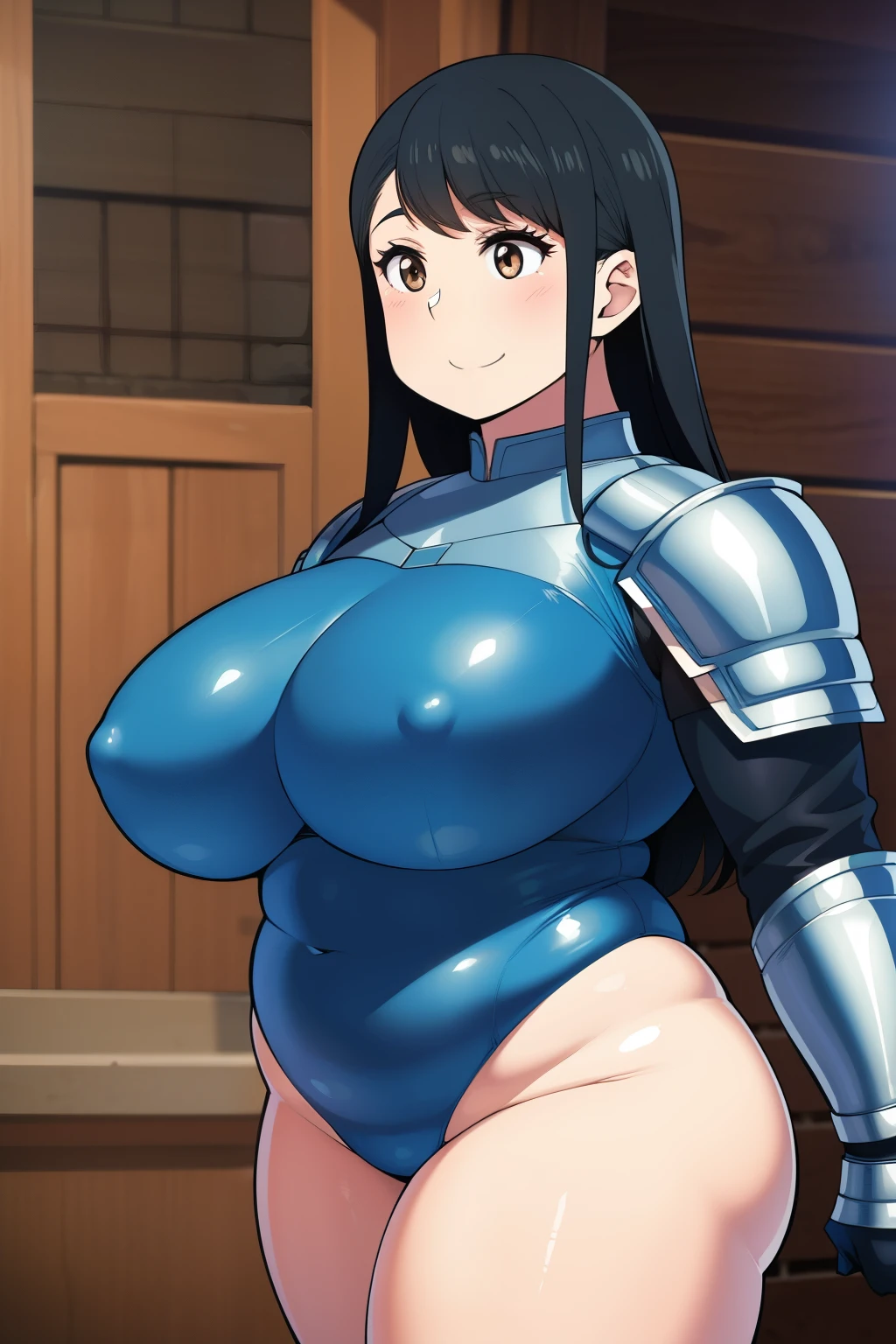 Plump  21 big breasts black hair brown eyes happy longer hair smile blushing deredere armor leotard