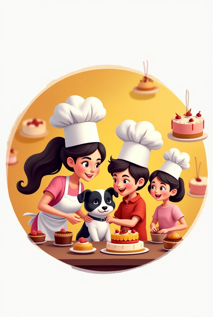create an animated circular instagram logo of a mom with her daughter and son man and baby dog with black head and white body, all wearing chef's hats and surrounded by cakes. Let it have the phrase "Tobey's Delights" in Spanish
