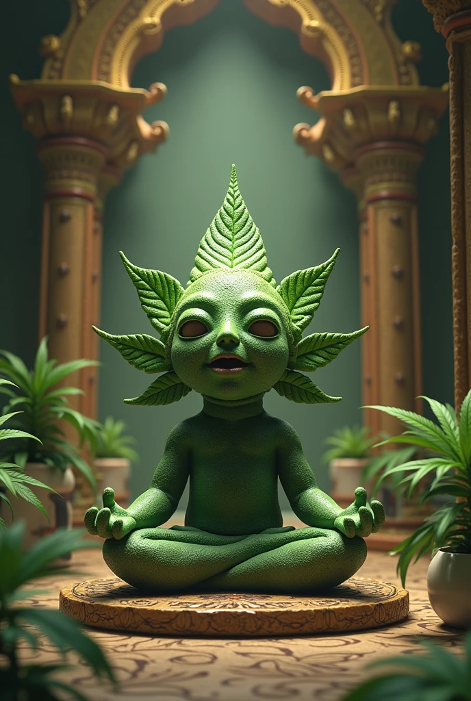 A marijuana leaf, with eyes , gura, legs and arms, sitting in a temple meditating
