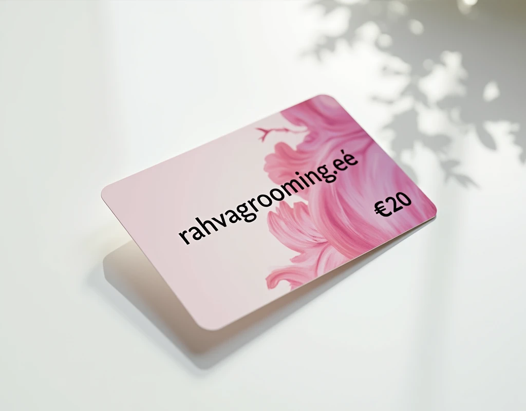 a high quality photograph, a grooming salon gift card lying on a white table, top view, plastic card with bright design and text: "Rahvagrooming.ee", "€20". detailed, photorealistic, 8k, high resolution, professional studio lighting, vibrant colors, smooth textures, sharp focus, intricate details, elegant design, minimalist style, soft shadows, natural reflections, clean and organized composition