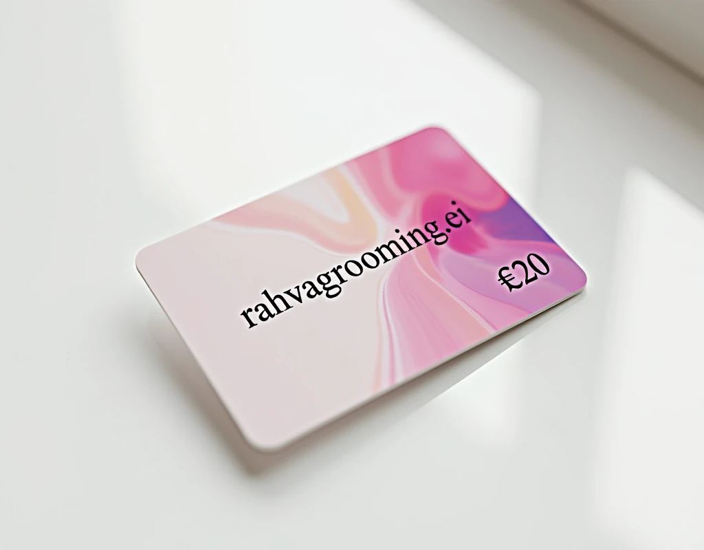 a high quality photograph, a grooming salon gift card lying on a white table, top view, plastic card with bright design and text: "Rahvagrooming.ee", "€20". detailed, photorealistic, 8k, high resolution, professional studio lighting, vibrant colors, smooth textures, sharp focus, intricate details, elegant design, minimalist style, soft shadows, natural reflections, clean and organized composition
