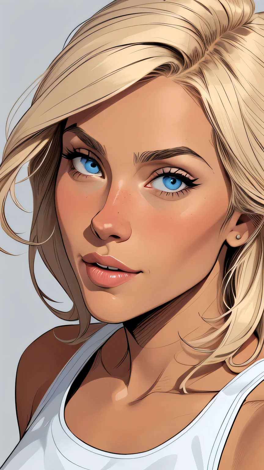 
Flat colors,close-up, portrait,  of a 2 surfer looking girl, tan skin, ([blue eyes]) Beach blonde salty hair, natural beaty, beautiful, casual, blue tank top, masterpiece, (([Simple grey background]))
