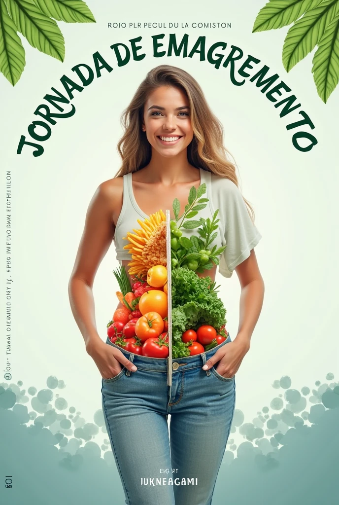 The cover must have a clean and modern design, with a focus on health and well-being. Use shades of green, white and blue to represent health, cleanliness and tranquility. Include the image of a woman, on one side she is fat and in the context of unhealthy foods and on the other she is thin with healthy foods and vegetables. The title  "JORNADA DE EMAGRECIMENTO" must be prominently displayed. The layout must be balanced with a harmonious arrangement of visual and textual elements, creating an organized and pleasant appearance.