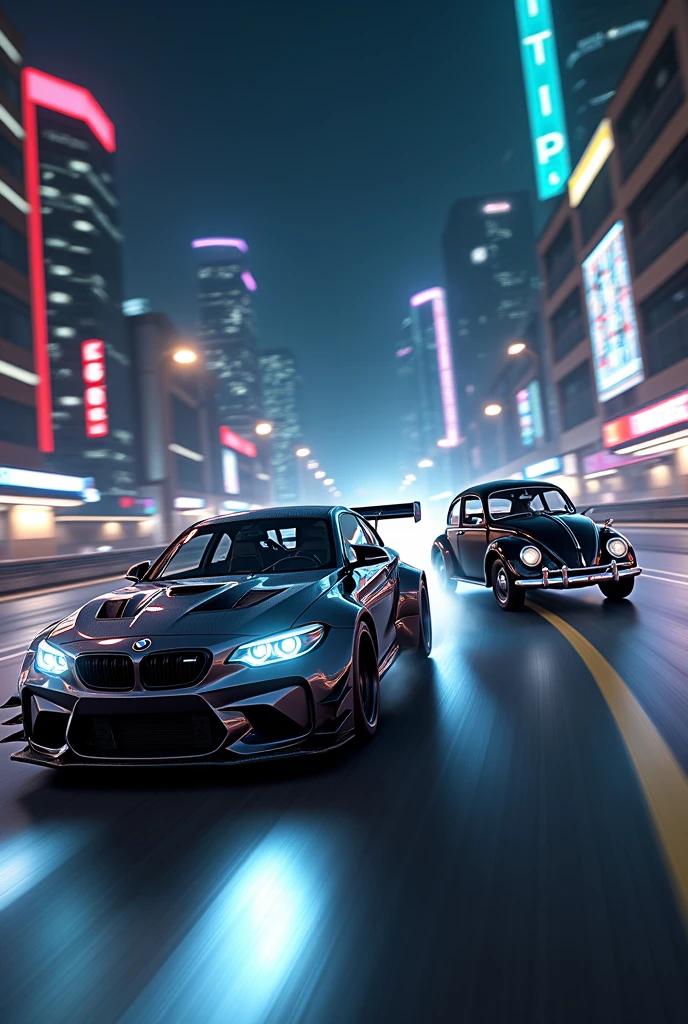 Draw a BMW M3 GTR from Need For Speed Most Wanted racing a black Beetle, that old 1960 version, who is in front, O anbiente é palmont city de Need for Speed carbon de noite, Make the low-poly drawing