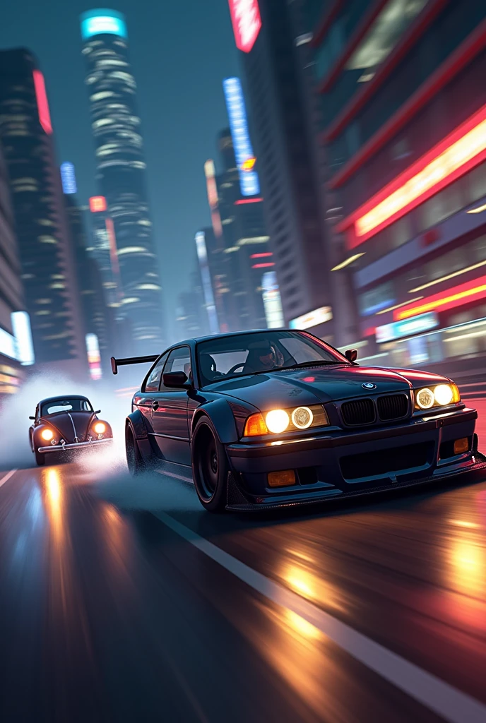 Draw a BMW M3 GTR from Need For Speed Most Wanted racing a black Beetle, that old 1960 version, who is in front, O anbiente é palmont city de Need for Speed carbon de noite, Make the low-poly drawing