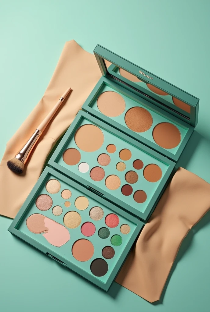 make makeup base with 32 colors, for a brand called walancy with aqua green and gold packaging