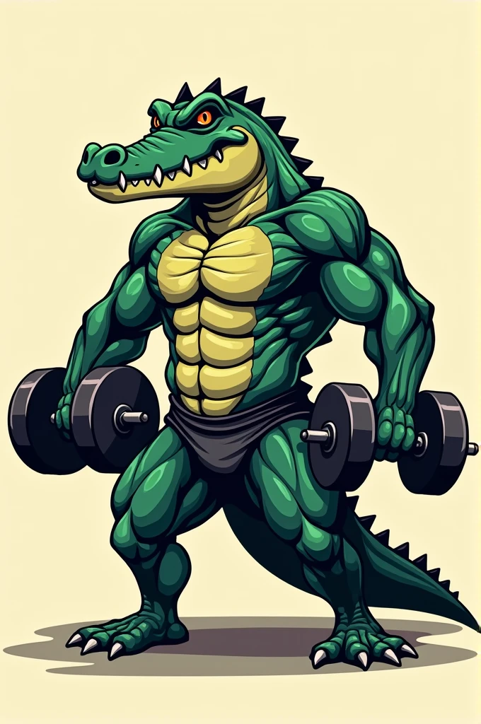 I need a logo for my gym clothing brand I want it inspired by a crocodile (live in Paraguay) that he is robust, muscular, with a body of not so large size, a little dwarf, with dumbbells in hand