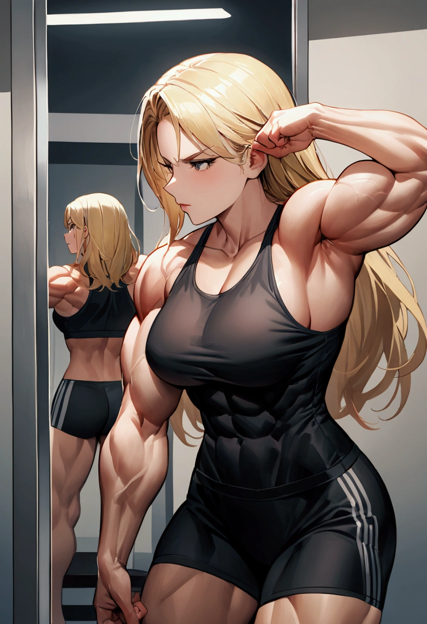 Can you generate an image of a dynamic manga-style illustration featuring a woman with long blonde hair and a serious expression. She is standing in front of a mirror, touching her big biceps. She wears a tight t-shirt that highlights her defined muscles, with particularly prominent abs and very muscular arms. The right arm is raised, causing her large bicep to flex visibly. The left hand touch her right biceps. She seems happy with that feeling of touching her muscles. The scene is serious, and captures the intense workout of a day at the gym.