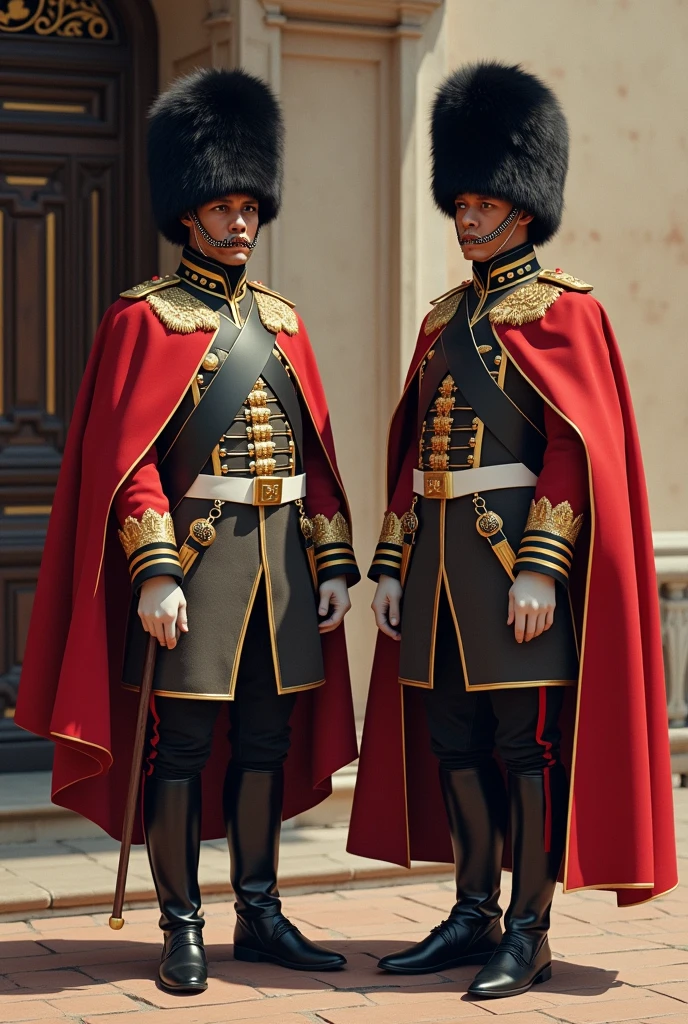 Create a realistic full-body image of two guards at the king's palace in the year 1788