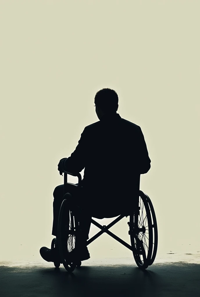 Silhouette of a man sitting in a wheelchair with his right leg mutilated, turning his back to the viewer
