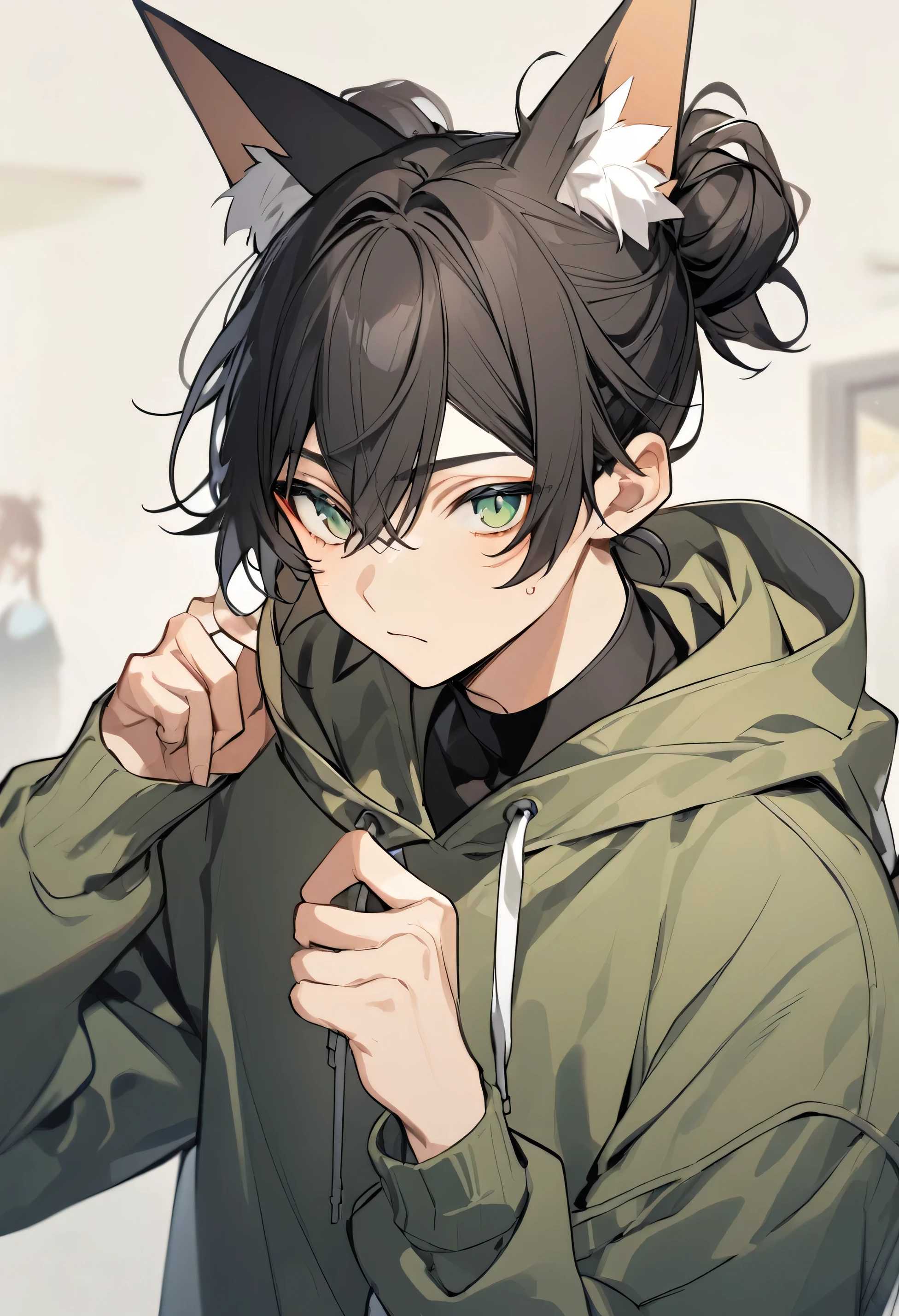 Man, black hair, green eyes, fox ears, hair tied in a bun, hoodie