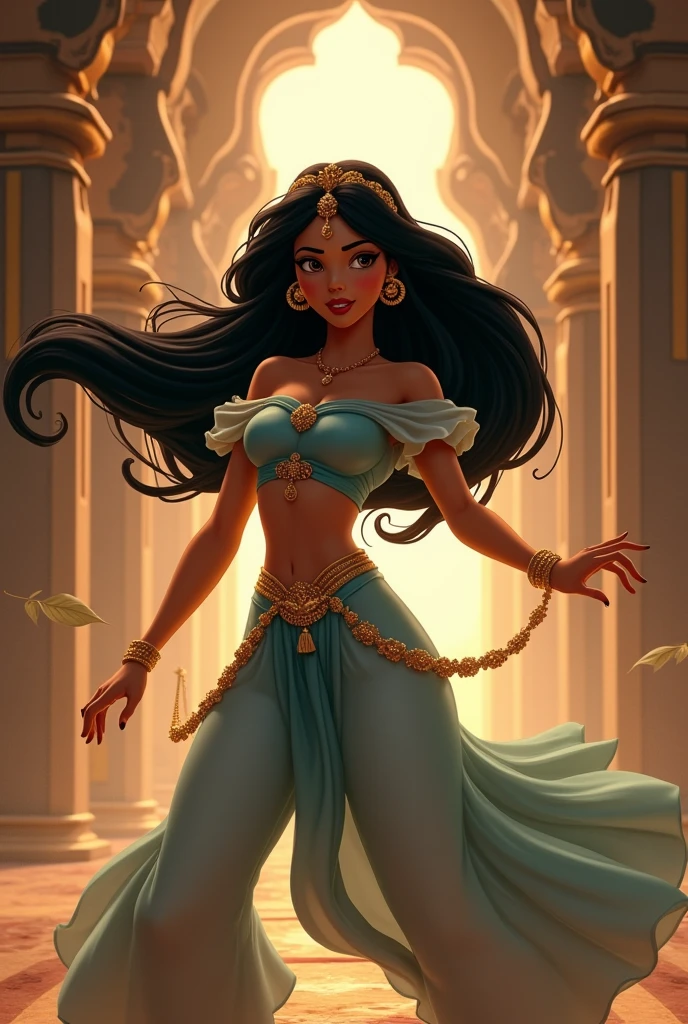 Stunning Princess Jasmine, photo in 8k, in action, cinematic.