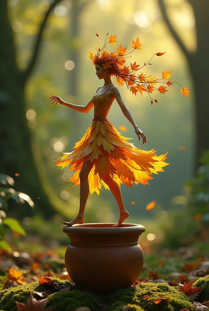 A whimsical miniature figure composed of delicately arranged autumn leaves, poised in a carefree dance on the rim of a weathered, moss-covered terracotta pot, set against a lust, vibrant forest backdrop, Dappled sunlight filters through the canopy above, casting intricate shadows. The overall aesthetic is ethereal, with warm, earthy tones of sienna, umber, and olive green, infused with hints of emerald and golden light, evoking a sense of wonder and enchantment, as if plucked from a fantastical realm. The leaves, elongated to enhance their height, glisten with droplets of water, adding to the magical, dreamy atmosphere