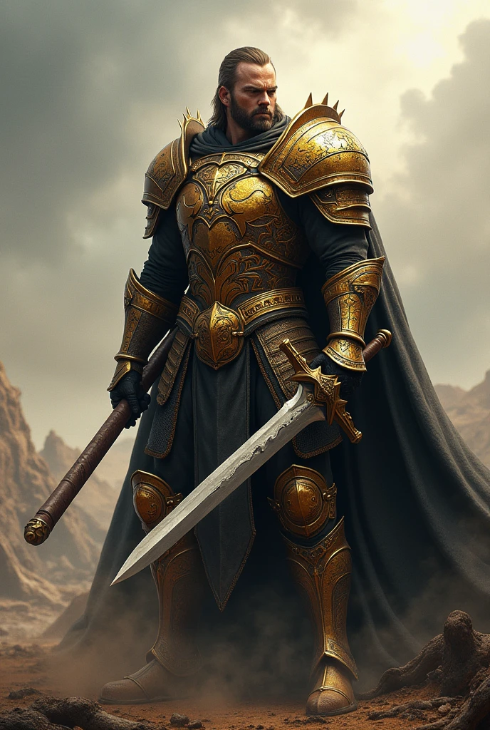 a formidable warrior, His strength and courage are legendary, his armor is gold with black and thousands have been killed by his sword.
