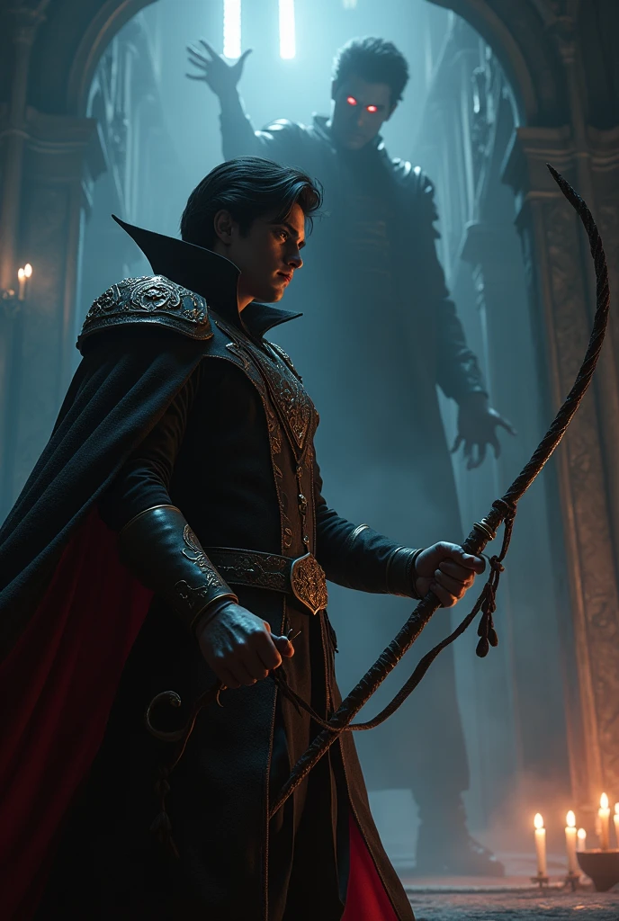 Create an image with Alex Left Handed holding the Castlevania whip and fighting Dracula and make it clear that it is Alex Left Handed the Christian singer