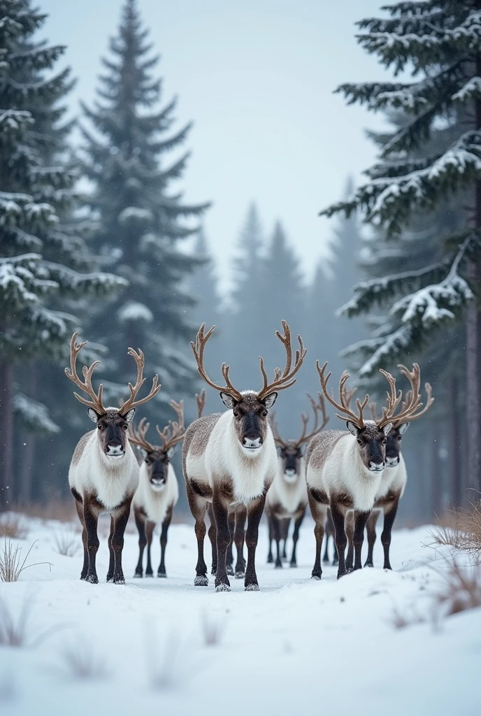A serene scene in a snow-covered forest, A group of majestic reindeer with thick fur and imposing antlers moving calmly between the tall trees are gathered in a small cleared area of the forest.. Snow falls gently from the light grey sky, covering the ground and trees with a soft, shiny layer. The pine trees, tall and robust, They are adorned with a light layer of snow on their branches. The atmosphere is calm and peaceful., with a fresh and pure air that highlights the natural beauty of the environment. The background shows a cloudy sky that gives a feeling of calm and stillness, while the reindeer enjoy the winter surroundings, HORIZONTAL IMAGE, masterpiece, Best Quality, High resolution