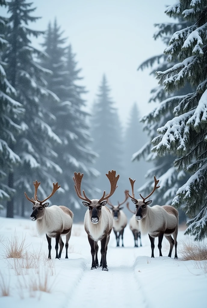 A serene scene in a snow-covered forest, A group of majestic reindeer with thick fur and imposing antlers moving calmly between the tall trees are gathered in a small cleared area of the forest.. Snow falls gently from the light grey sky, covering the ground and trees with a soft, shiny layer. The pine trees, tall and robust, They are adorned with a light layer of snow on their branches. The atmosphere is calm and peaceful., with a fresh and pure air that highlights the natural beauty of the environment. The background shows a cloudy sky that gives a feeling of calm and stillness, while the reindeer enjoy the winter surroundings, HORIZONTAL IMAGE, masterpiece, Best Quality, High resolution
