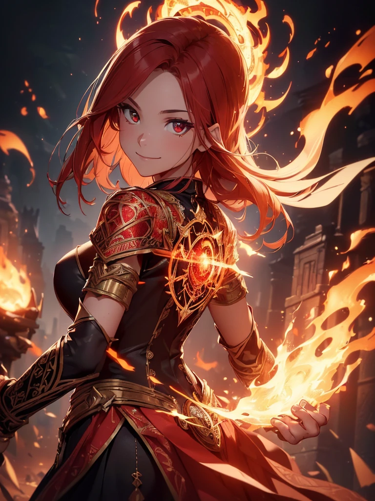 (((best quality, sharp image, clear image, cinematic lighting, 8k resolution, masterpiece, ultra detailed, intricate))) Girl, sorcerer, cute, intricate dress, smiling, fiery red, ((intricate background)), (rune frame), dimension, ((shot from behind)), fire sigils, chaotic background.