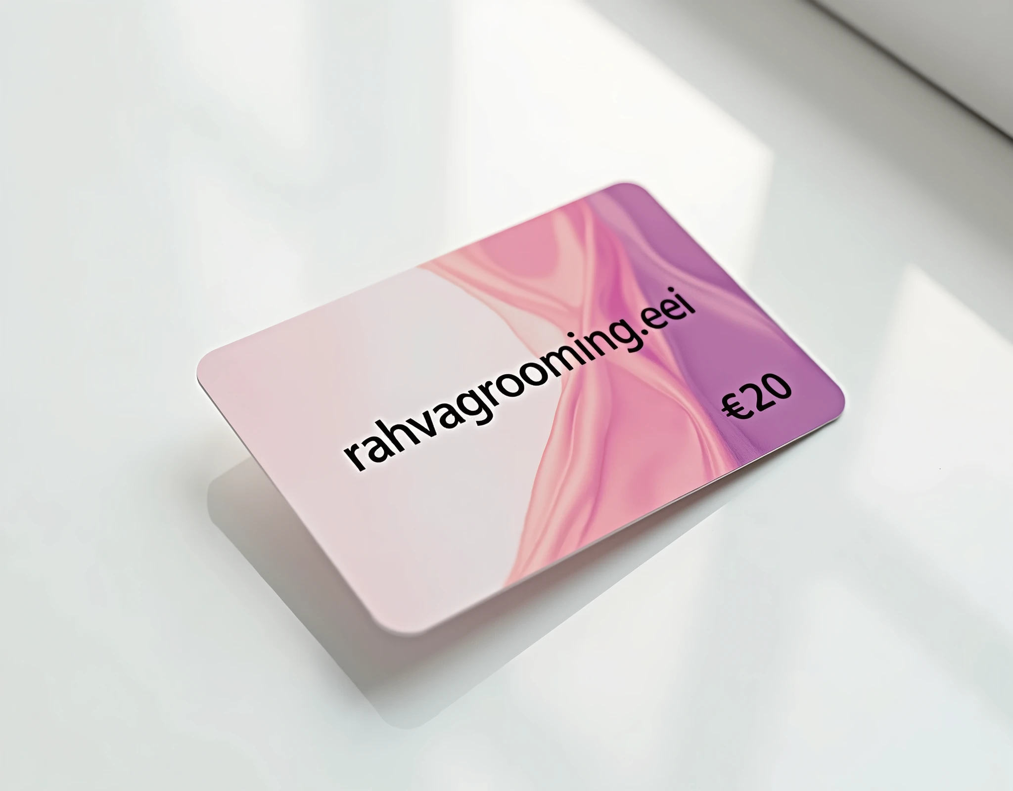a high quality photograph, a grooming salon gift card lying on a white table, top view, plastic card with bright design and text: "Rahvagrooming.ee", "€20". detailed, photorealistic, 8k, high resolution, professional studio lighting, vibrant colors, smooth textures, sharp focus, intricate details, elegant design, minimalist style, soft shadows, natural reflections, clean and organized composition