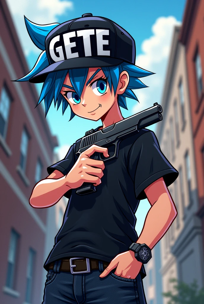 Create a male cartoon character with blue hair wearing a cap with the word GETE written on it and wearing black clothes holding a pistol.