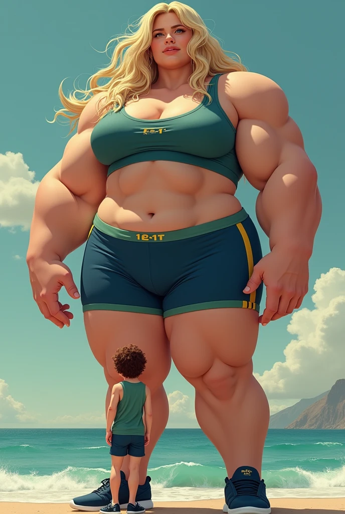 A towering figure, the 2 woman stands at an astonishing 17'11". Her long, flowing blonde hair cascades down her muscular frame, which is accentuated by her revealing attire: a navy blue crop top vest, a seaweed green sports bra, navy blue gym shorts, and black sneakers. Her E-cup breasts and moderately thick thighs complement her athletic physique, further emphasized by her visible six-pack.
Nestled close to her, a flustered 5'9" tall boy appears almost diminutive. His pale skin and short, curly brown hair contrast with his emo attire, likely consisting of dark jeans, a band t-shirt, and a leather jacket. His gaze is averted, suggesting a mixture of awe, embarrassment, and perhaps even a touch of fear as he stands in the shadow of this towering woman