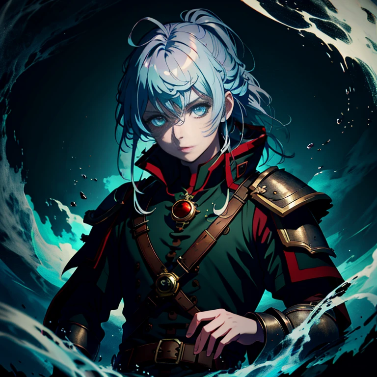 Dark and gloomy whole body 8K uniform rendering, Maiden pirate, Rainbow gradient hair, Wearing tattered armor, In a cluttered shack , Motion blurred，action  shot, tattered torn shirt, Cracking of porcelain skin, skin pore, detailed intricate iris, Sail ships，the ocean，very dark lighting, heavyshading, Detailed, Detailed face, (vibrant, photograph realistic, Realistic, Dramatic, Dark, Sharp focus, 8K)