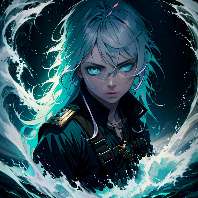 Dark and gloomy whole body 8K uniform rendering, Maiden pirate, Rainbow gradient hair, Wearing tattered armor, In a cluttered shack , Motion blurred，action  shot, tattered torn shirt, Cracking of porcelain skin, skin pore, detailed intricate iris, Sail ships，the ocean，very dark lighting, heavyshading, Detailed, Detailed face, (vibrant, photograph realistic, Realistic, Dramatic, Dark, Sharp focus, 8K)