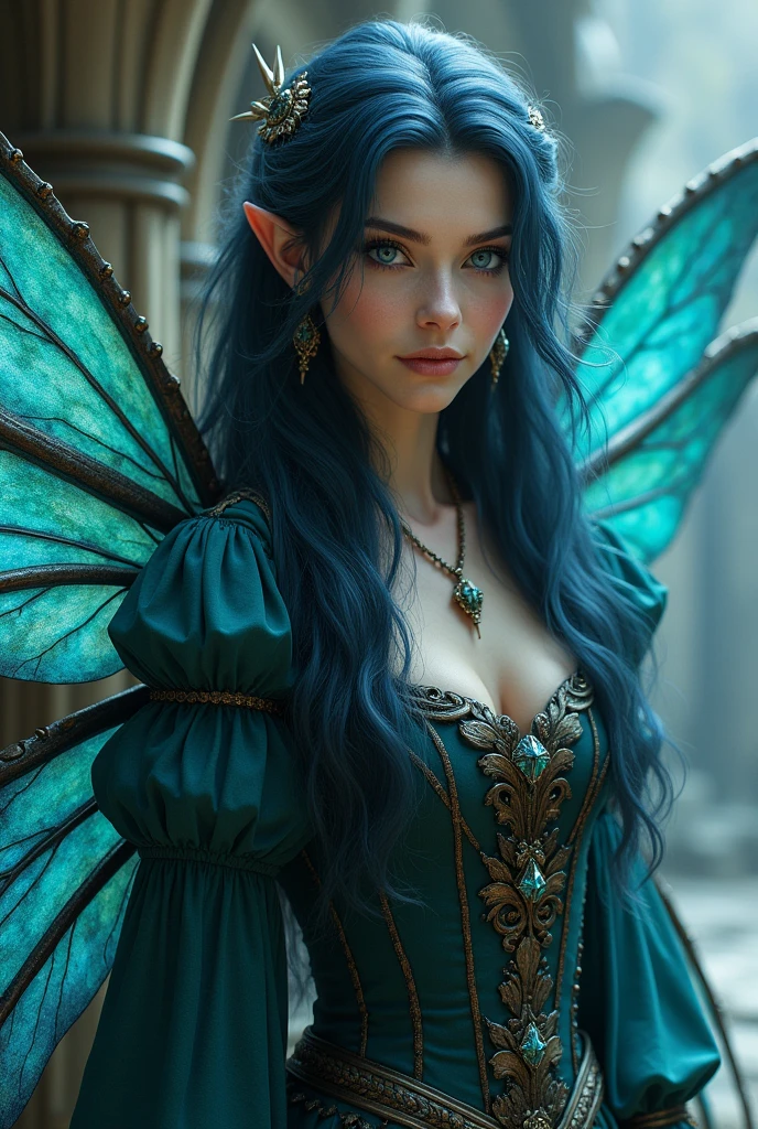 An adult fairy with dark blue long hair and blue eyes. She is in her mid 40s. She has dark blue fairy wings, that look like they are made of oil water. She has a wise expression. She wears medieval clothing.