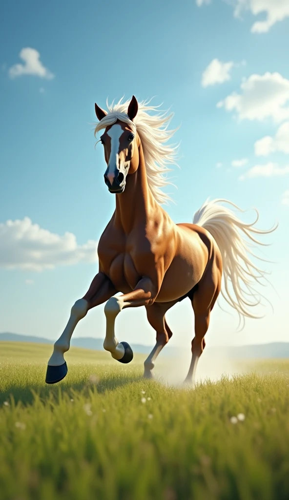 Ultrarealistic 8k Image, "A horse galloping freely in an open field, with the wind blowing his mane. The horse&#39;s expression reflects freedom and confidence in its journey, without fear of falling."

