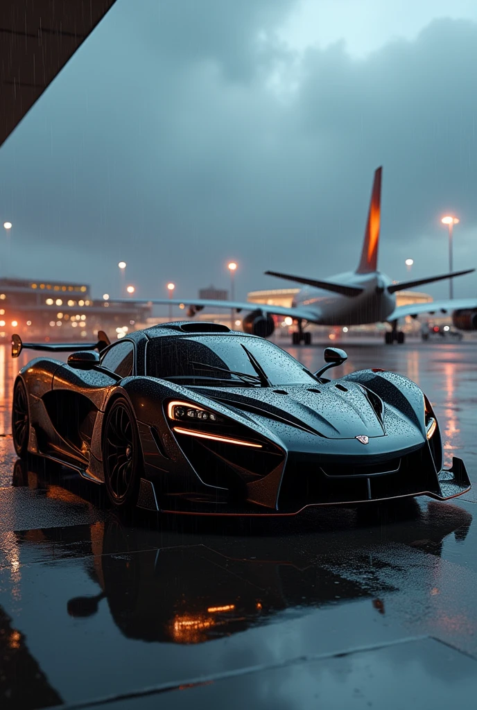 A super car, in a airport, with an airplane in the background, in the rain