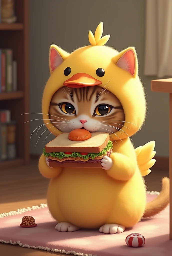 British Shorthair,Anime Touch,Baby Cat,Black cat,Cat in a duck costume、Eating a sandwich、キャンディを食べています。