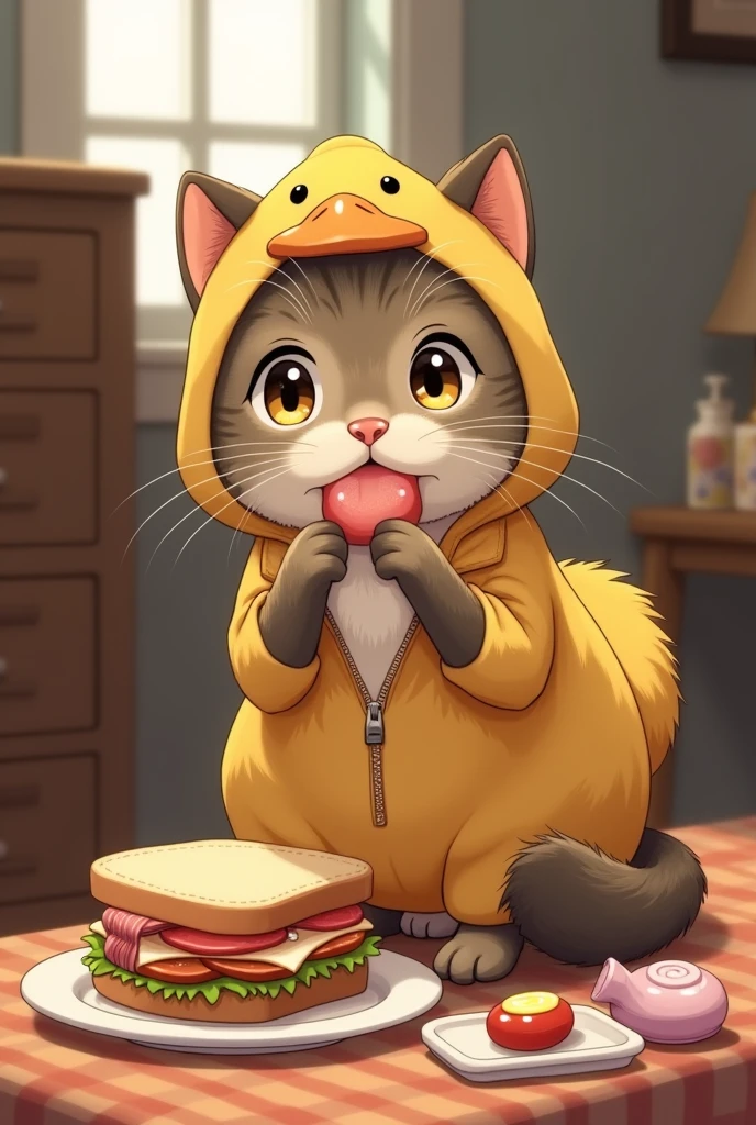 British Shorthair,Anime Touch,Baby Cat,Black cat,Cat in a duck costume、Eating a sandwich、キャンディを食べています。