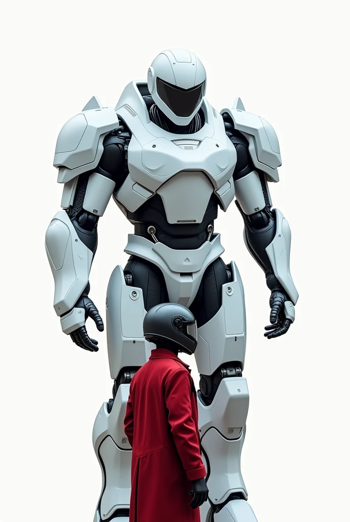 Creates a guy wearing a red coat and motorcycle helmet looking at a same size white technological armor in a white background 4k realistic