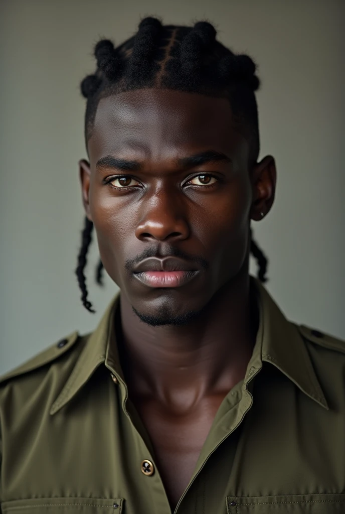 Create a young dark-skinned man, very attractive with dark skin, serious and intimidating. He is athletic, He has high cheekbones and wears a military shirt.. Her hair is braided.. Her eyes are hazel in color. (Make it look realistic) Be young and attractive