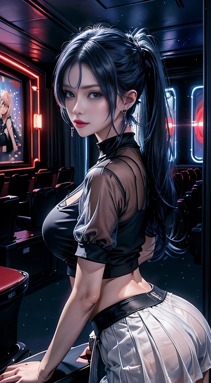 top-quality、Top image quality、masterpiece、girl with((18year old、Best Bust、Medium bust、Bust 85,Beautiful blue eyes、Breasts wide open,Black Short Sleeve T-Shirt、White see-through、Black short skirt、Ponytail with black hair、grin、Fashionable bags、Beautiful blue earrings、emphasis on the buttocks、A slender、Height 175cm,posterior view、Leaning forward、Blue hair mesh))hiquality、Beautiful Art、Background with((Inside the cinema、Red and blue lighting)),masutepiece、Elaborate design、visualart、depth of fields、The best lighting、highestdetailed、