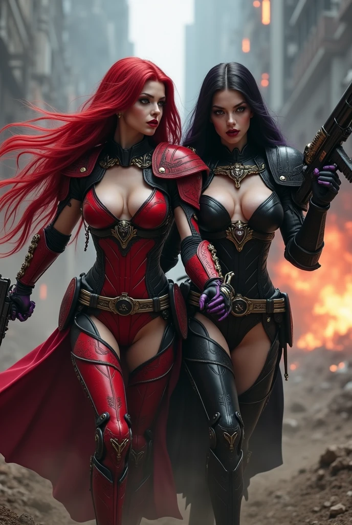 Full body pose sexy sisters of battle from the warhammer 40k, shooting at the enemy, red space marine armor with intricate details, black space marine armor with intricate details, symbols on the armor, sisters of battle, warhammer 40k, Massive exposed silicone breast, pale skin, seductive, temptation, eat your soul, clevage, long red flowing hair, long black flowing hair with purple highlights, heavy gothic makeup, at night, neon, beautiful detailed eyes, beautiful detailed lips, extremely detailed eyes and face, long eyelashes, highly detailed armor, intricate futuristic weaponry, dramatic lighting, cinematic composition, muted color palette, gritty and realistic, mecha, science fiction, hyper-detailed, photorealistic, award winning digital art, 8k, HDR, masters work, in the middle of a battle field, full body combat action pose, explosions and fire around, full war, stunning, Stilleto heels, high heels, full body pose, cinematic, movie trailer, final stand!, nemesis, ready to strike, dust and debree, combat screams, attacking, shooting at the enemy, running forward, last line of defense, charging, fanatic, religious, templar knights, sisters of battle, warhammer 40k, shooting at the enemy, bimbo gigantic exposed breast, jetpacks, space marine, stilleto heels, cinematic light, cameltoe pussy, beautiful pussy, wet pussy, wet body, oiled body, gigantic breast, dynamic super sexy combat action pose
