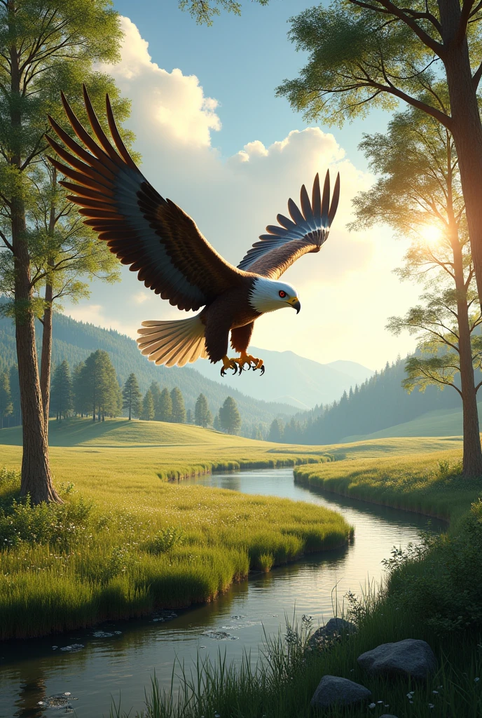 Eagle in the field with river and trees around (super ultra realistic)